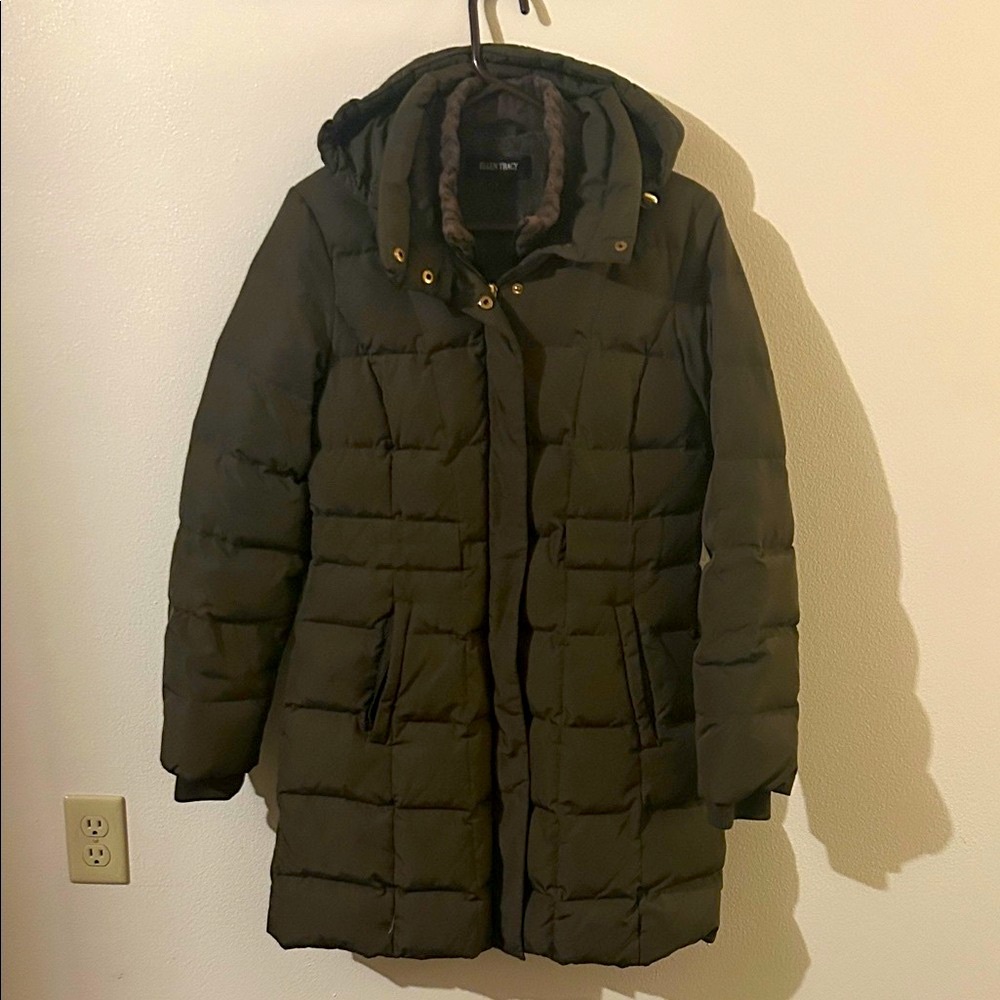 Ellen Tracy M Dark Green Full Zip/Snap Closure Knit Collar/Cuffs Puffer Coat